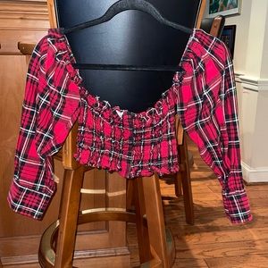 Off The Shoulder Plaid Long Sleeve Top